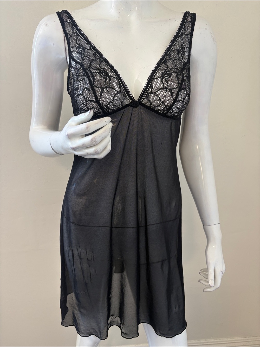 Intimissimi Sheer Black Mesh Lingerie Chemise Slip Dress w Lace Cups & Straps